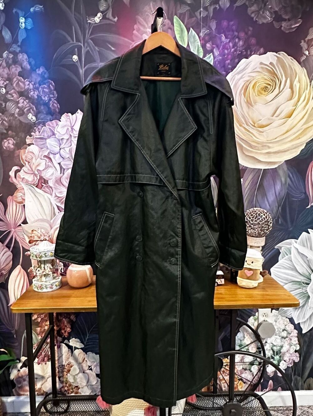 Luba Paris 7/8 Vintage Double-Breasted Trench Coat Forest Green Goth Matrix Noir